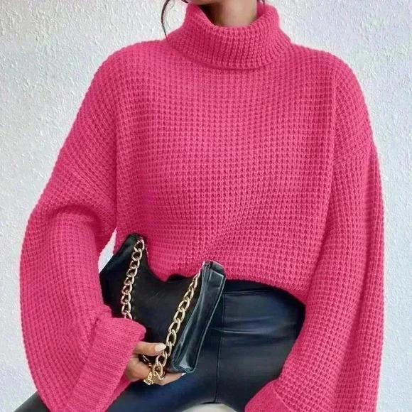 Hot Pink Casual Women's Loose Fit Turtleneck Drop Shoulder Sweater - Picture 4 of 6